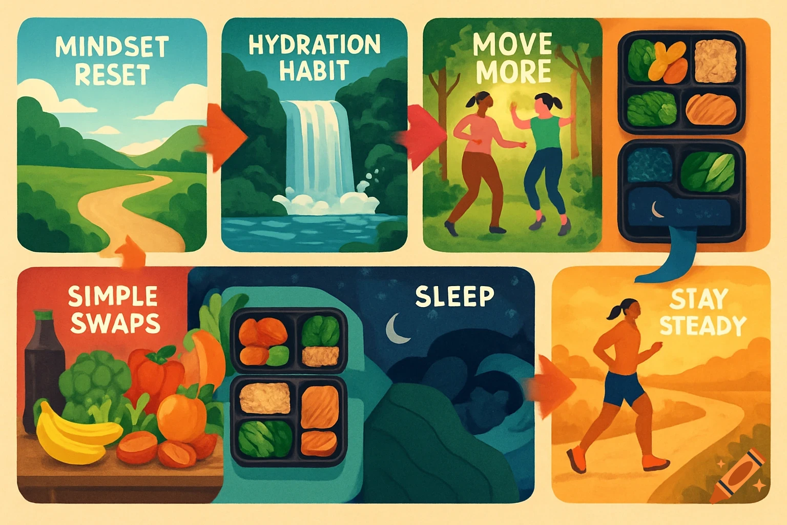 An illustrated roadmap showing steps for healthy habits and weight loss, including mindset reset, hydration, simple swaps, moving more, meal prep, sleep, and staying steady.