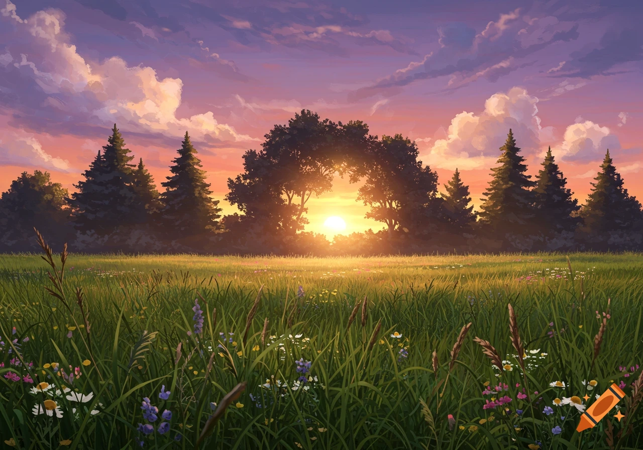 A vibrant sunset illuminates a grassy field with wildflowers, framed by dark trees forming an arch.