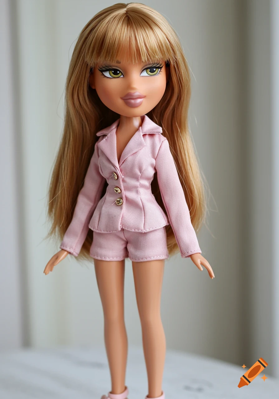A Bratz doll with long light strawberry blonde hair and hazel eyes, wearing a pink short suit, standing.