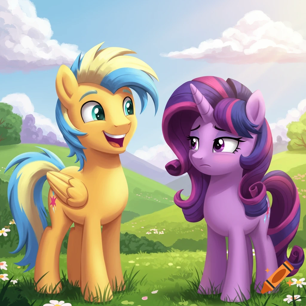 A happy yellow pony with blue and yellow mane looks at an uncomfortable purple unicorn pony in a grassy field.