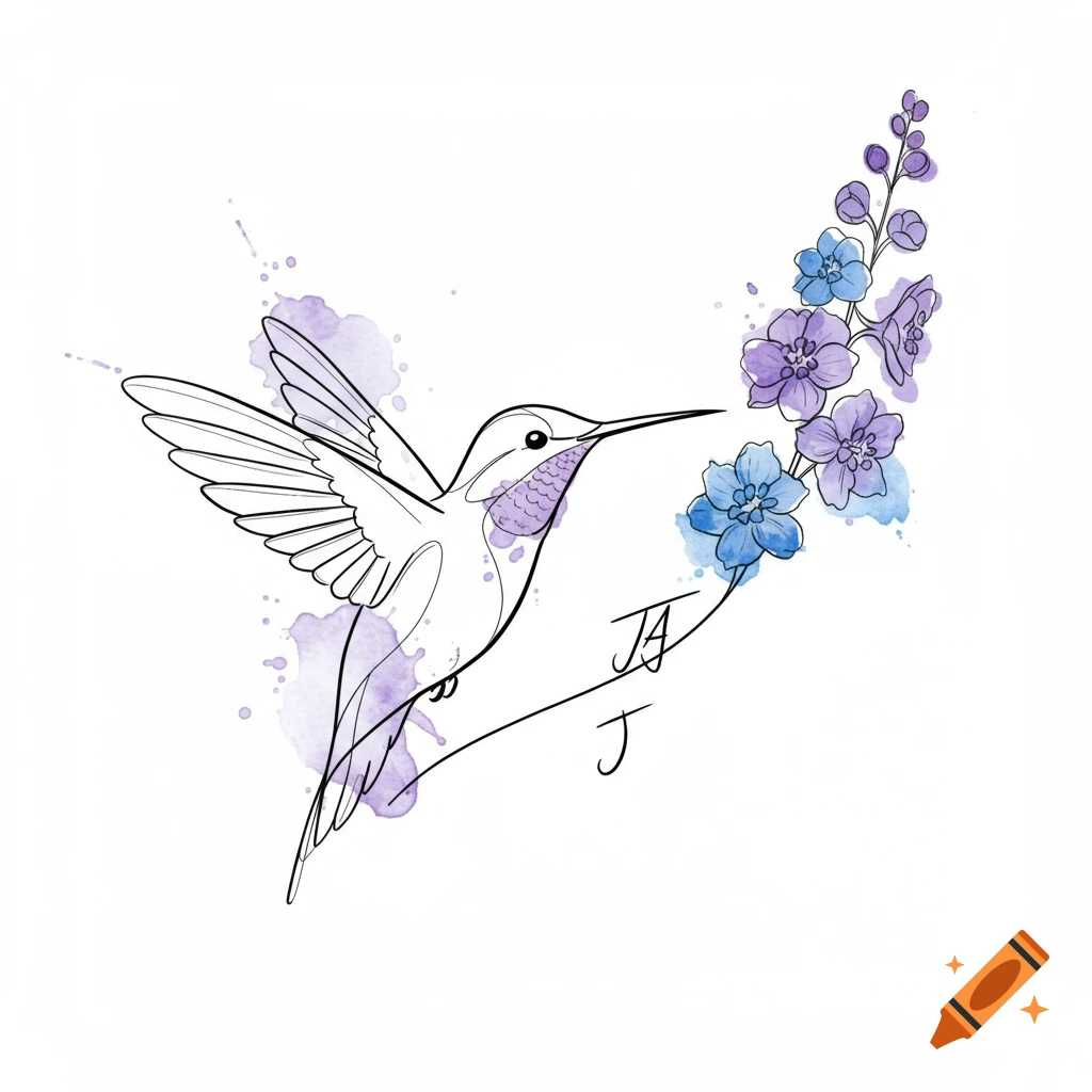 A stylized hummingbird with outstretched wings in black outline, with purple watercolor accents on its body. It faces purple and blue larkspur flowers with watercolor splashes. Subtle black line initials 'JA' and 'J' are integrated below the flowers.
