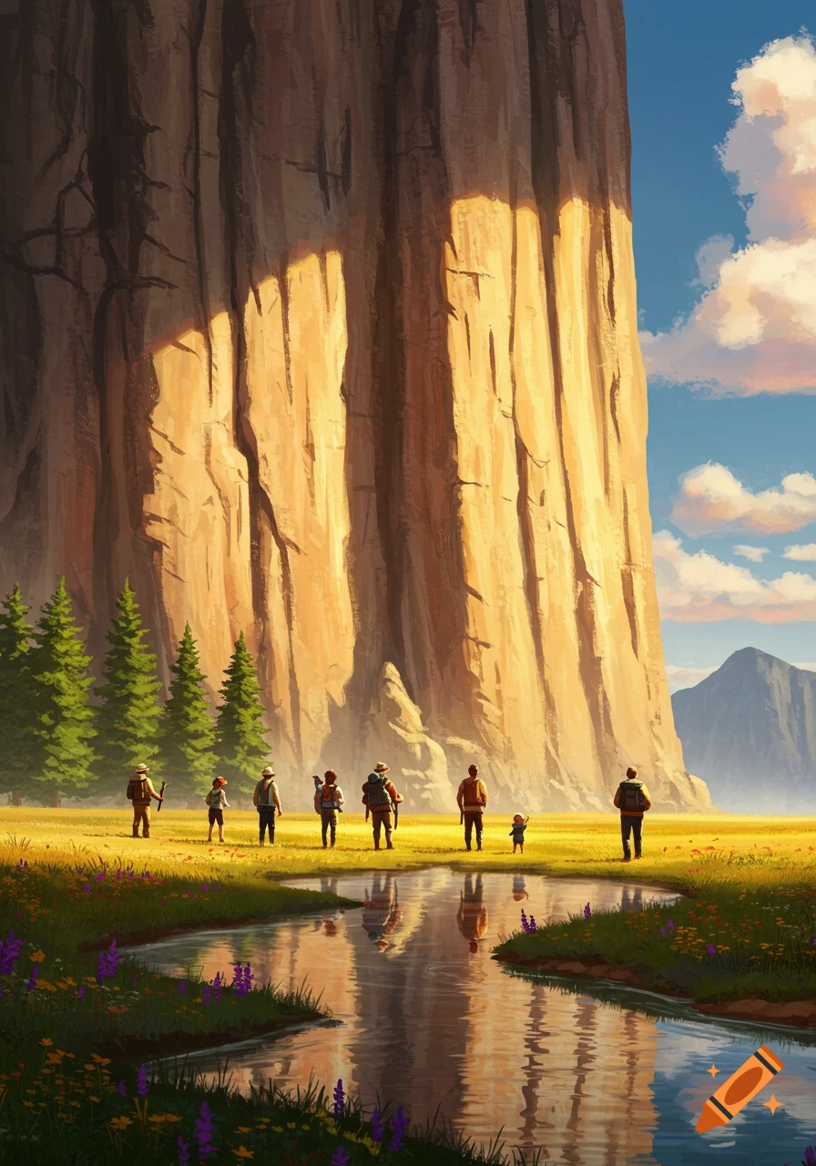 A group of hikers stands by a reflective stream, looking up at a massive, sunlit golden cliff face in a painterly style.
