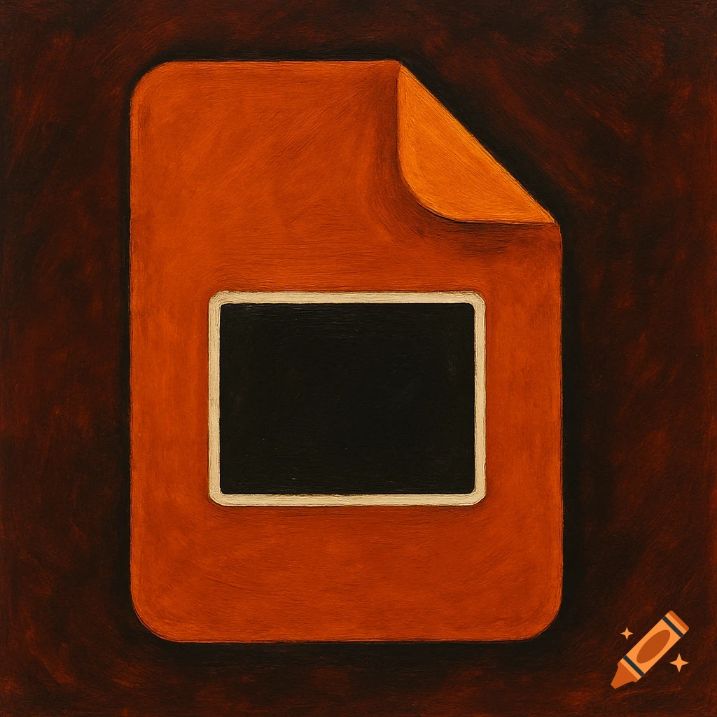 An orange document icon with a curled top right corner, featuring a black rectangle with a white border in the center, set against a dark brown background.