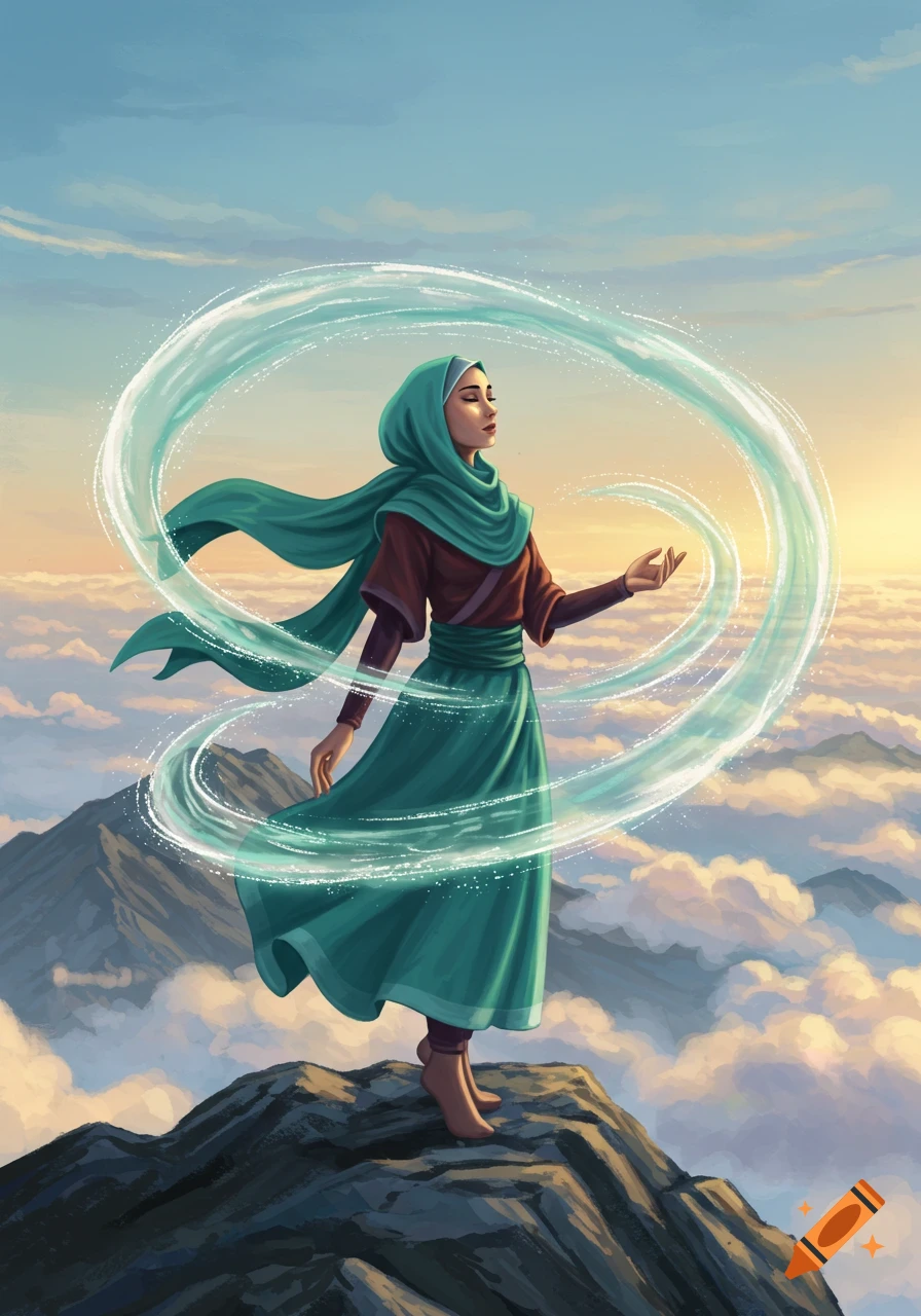 A woman in a teal hijab stands on a mountain peak above clouds, manipulating swirling aqua energy. Digital art.