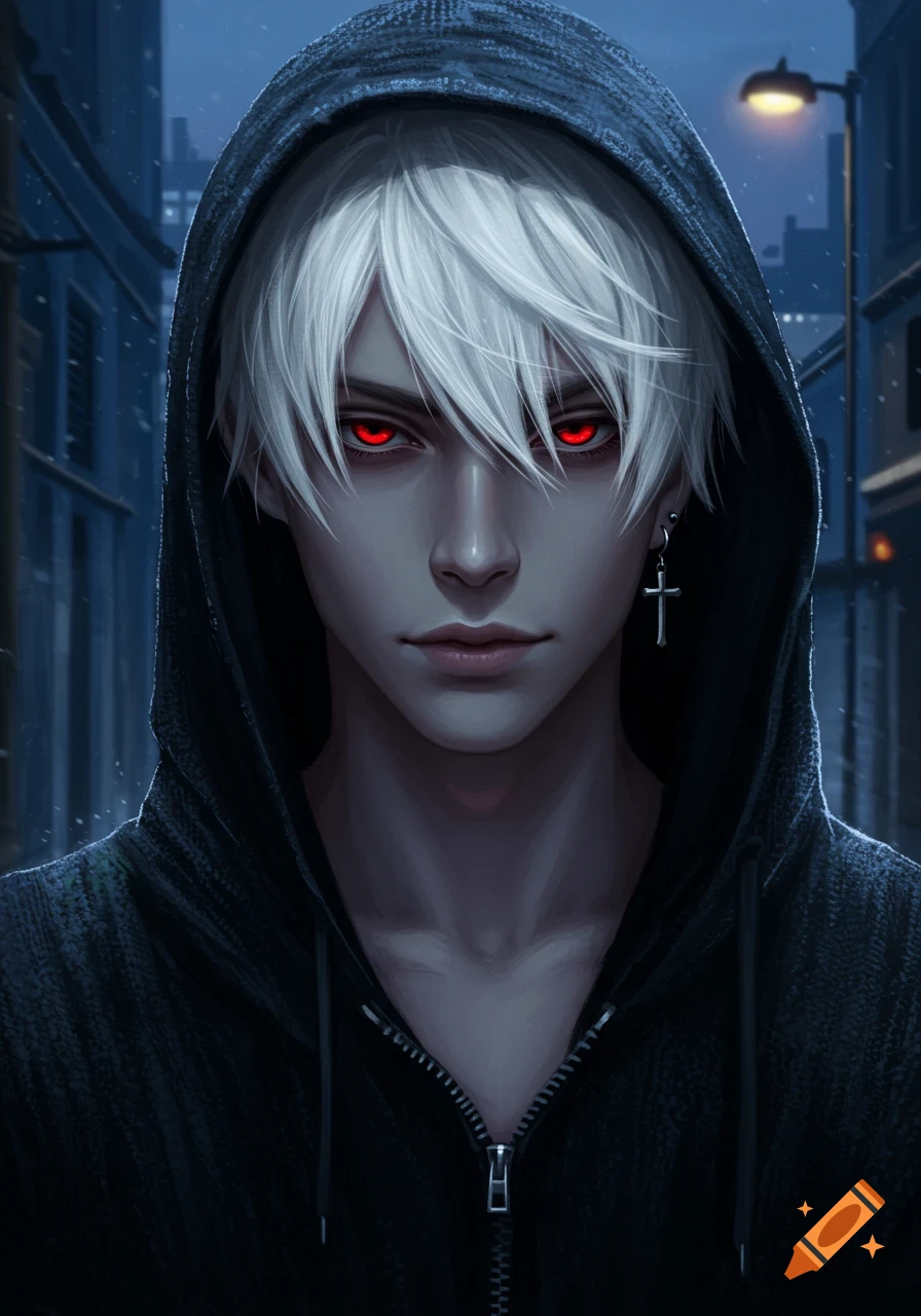 An anime-style portrait of a mysterious white-haired male with glowing red eyes, wearing a dark hoodie in a nighttime city.