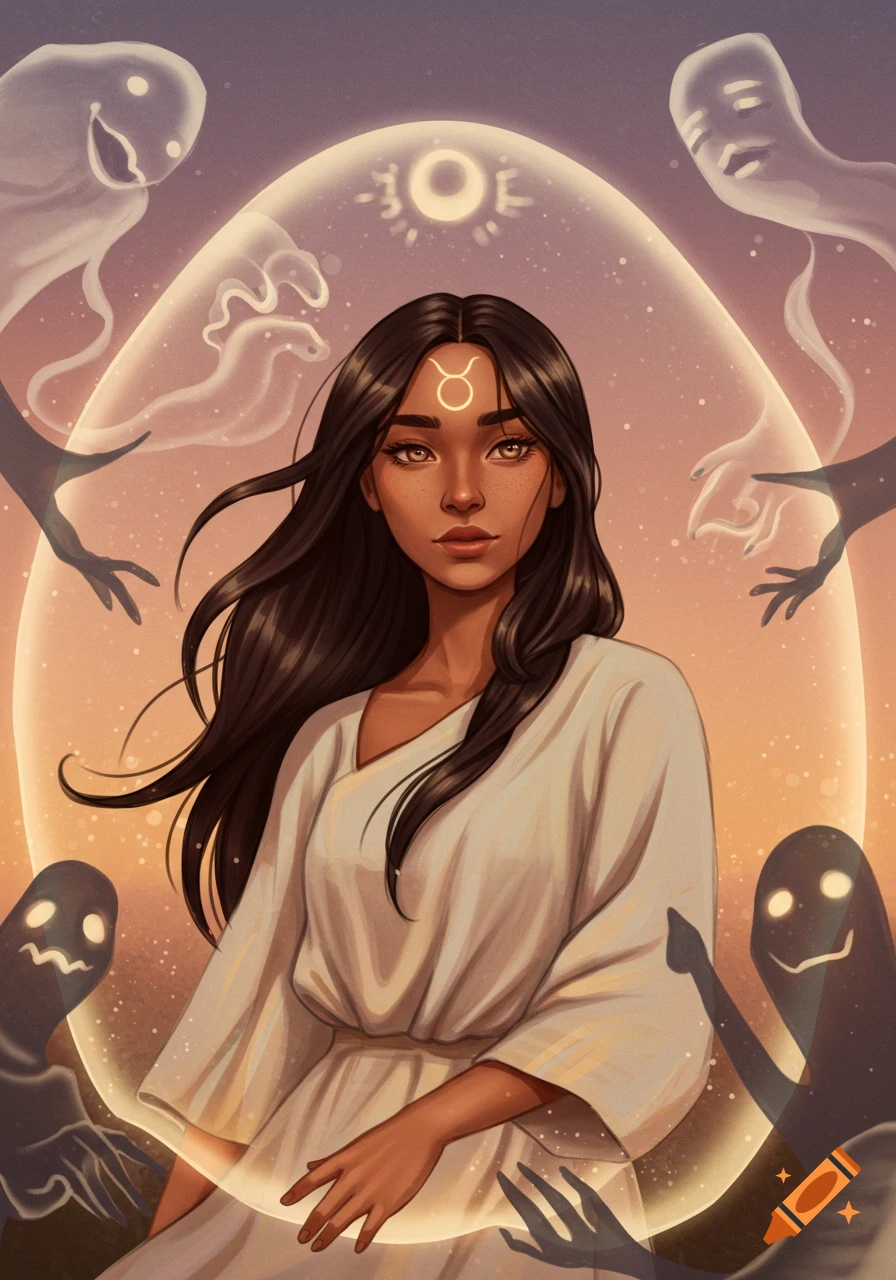 A digital painting of a Latina woman with a Taurus symbol on her forehead, protected by a glowing shield from shadowy figures.