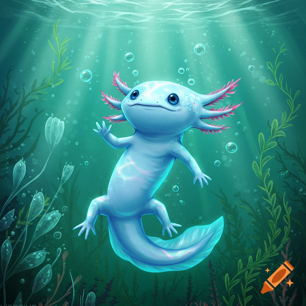A cute, light blue axolotl with pink gills floats in clear turquoise water surrounded by green underwater plants and bubbles, in a whimsical illustration style.