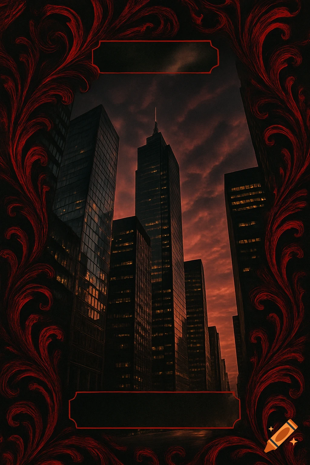 A low-angle shot of dark city skyscrapers against a dramatic red and orange sunset sky, framed by intricate red swirling ornate patterns.