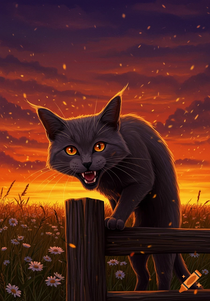 A stylized illustration of an angry black cat with glowing orange eyes, baring its fangs behind a wooden fence in a field of daisies at sunset.