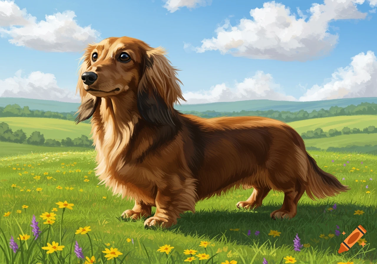 A brown longhaired dachshund stands in a bright green field filled with yellow and purple wildflowers under a blue sky with white clouds.