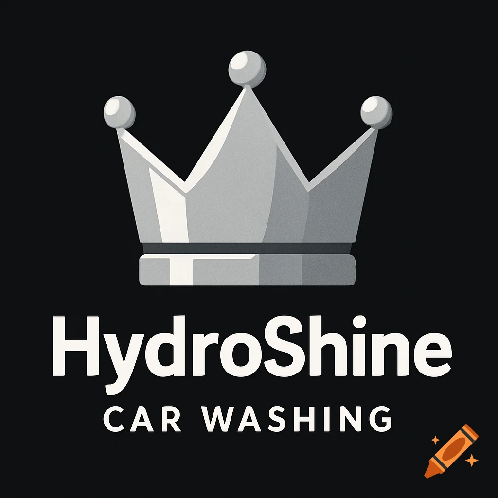 A silver crown above the text "HydroShine CAR WASHING" on a black background, forming a logo.