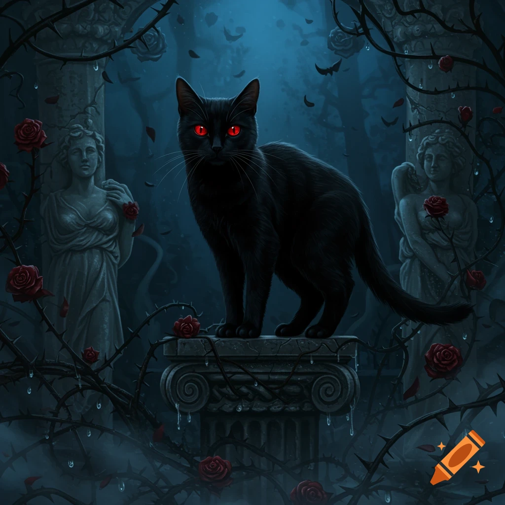 A black cat with glowing red eyes stands on a stone pedestal in dark, gothic ruins surrounded by thorny red roses and statues, digital painting.