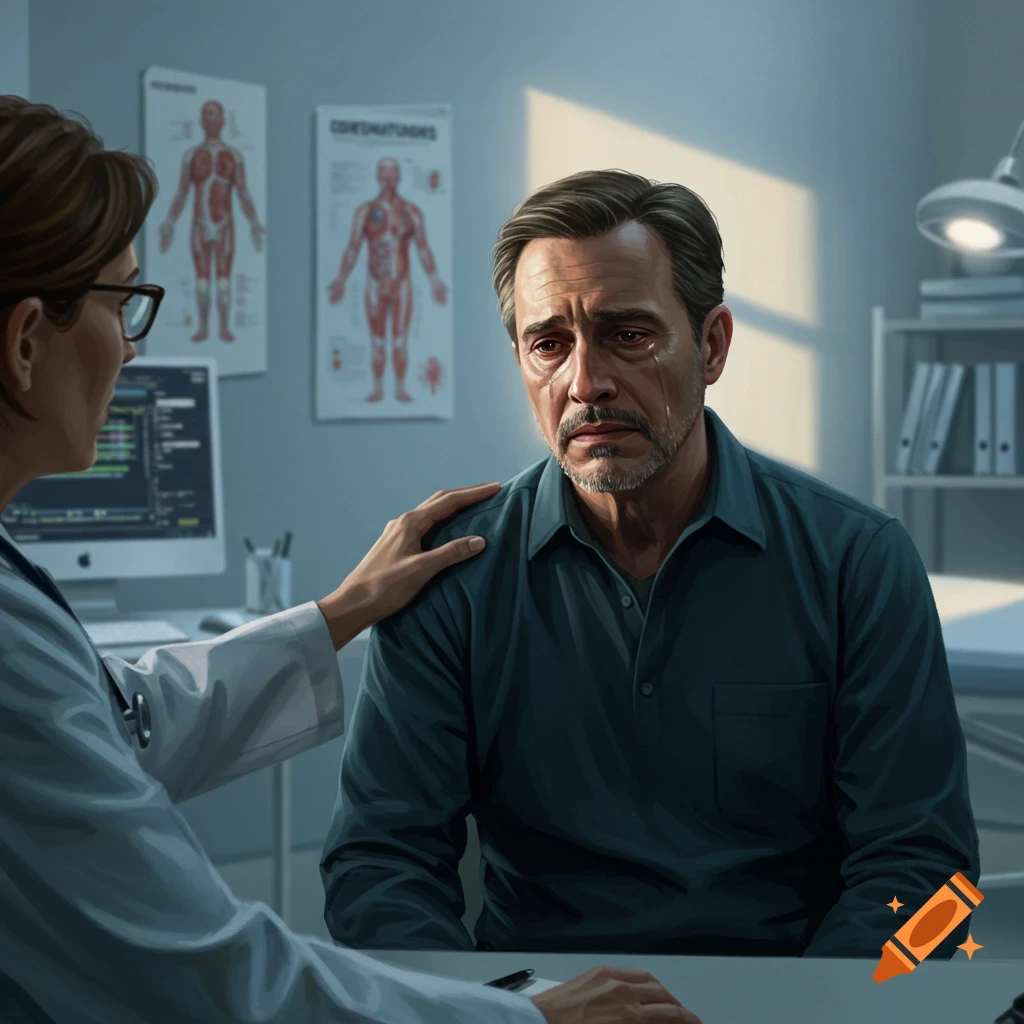 A man with tears in his eyes sits across from a doctor who has a hand on his shoulder in a medical office, suggesting a somber diagnosis. Photorealistic style.