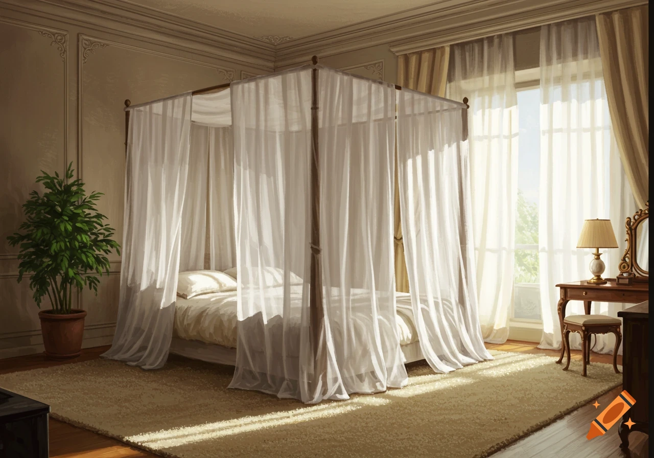 A bright, elegant bedroom with a white canopy bed, illuminated by sunlight streaming through large windows.