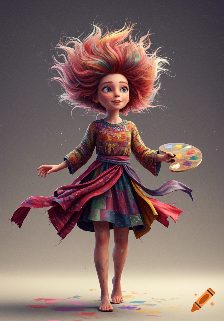 A whimsical cartoon girl with vibrant, multi-colored hair in a patterned dress holds a painter's palette, standing barefoot.