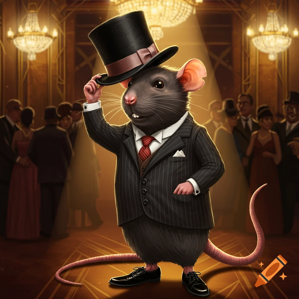 A dapper rat in a pinstripe suit and top hat tips its hat in a spotlight at a formal 1920s ballroom.