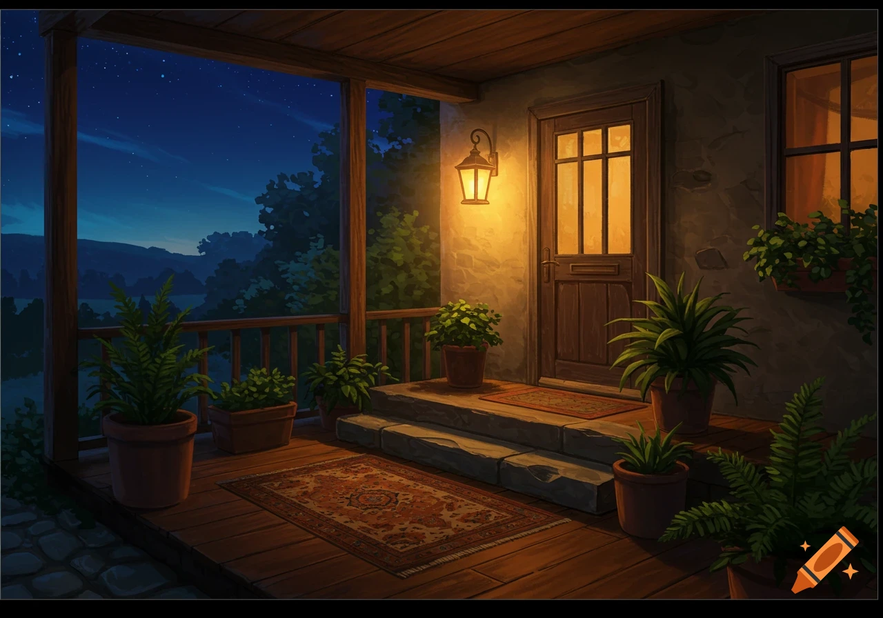 A cozy, warm-lit porch at night with a front door, steps, potted plants, and a patterned rug. Dark blue sky with stars above.