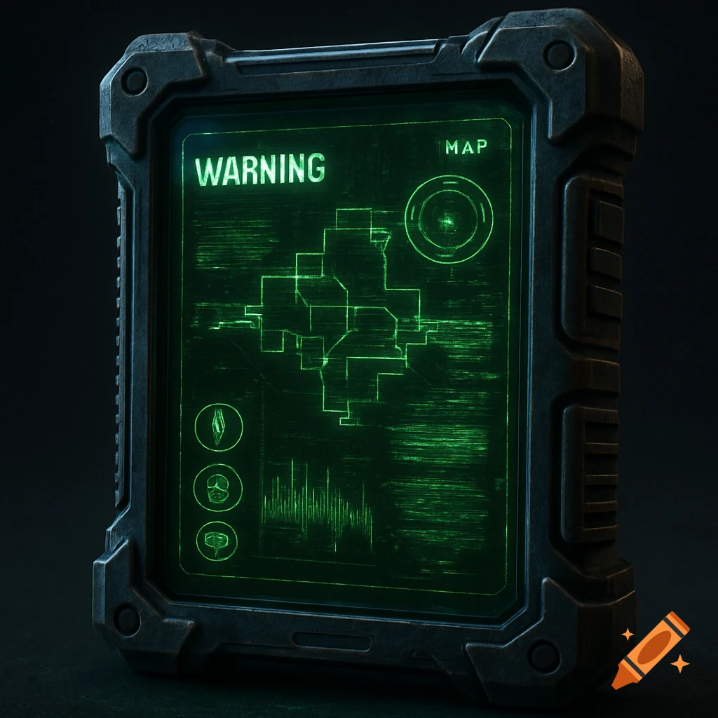 A rugged, dark gray and black futuristic tablet with a glowing green screen displaying a map, 'WARNING' text, and various icons.