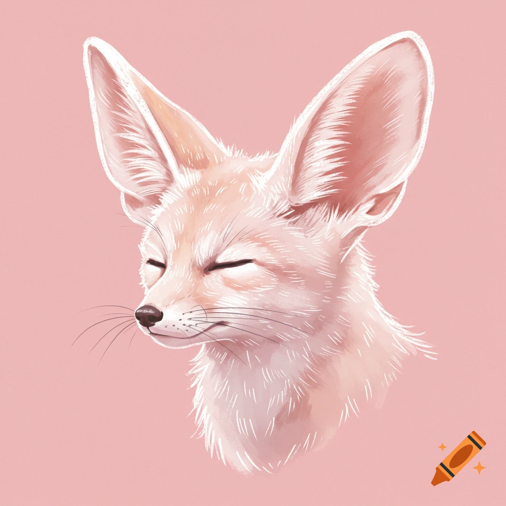 A cartoon fennec fox with closed eyes, in profile, on a pink background.