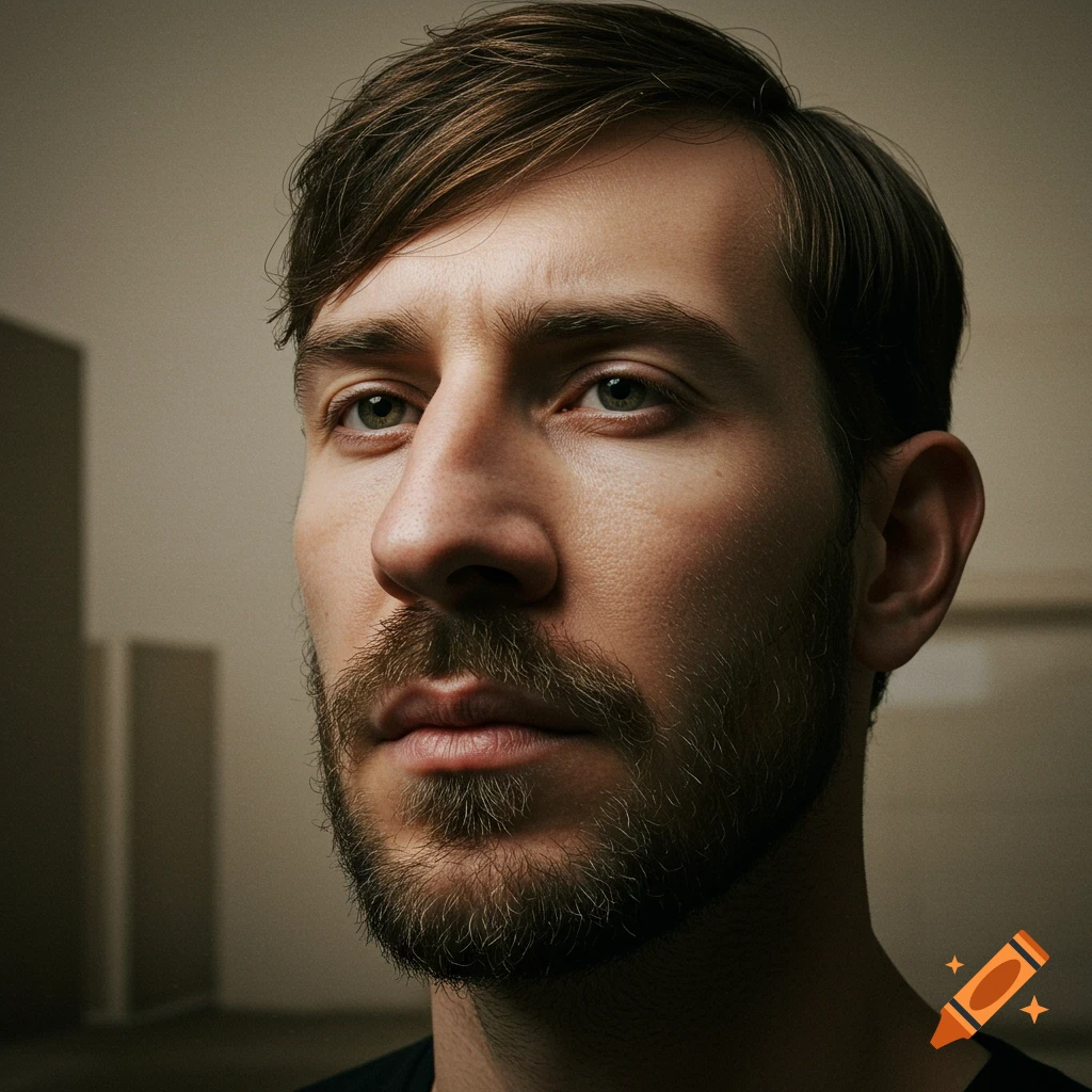 A photorealistic portrait of a man with short brown hair and a beard, looking off to the left.