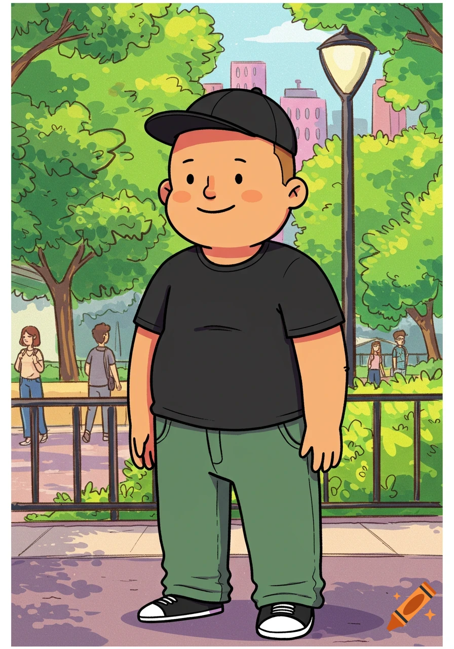 Cartoon man with a dad bod, baby face, black t-shirt, green pants, and black cap standing in a park.