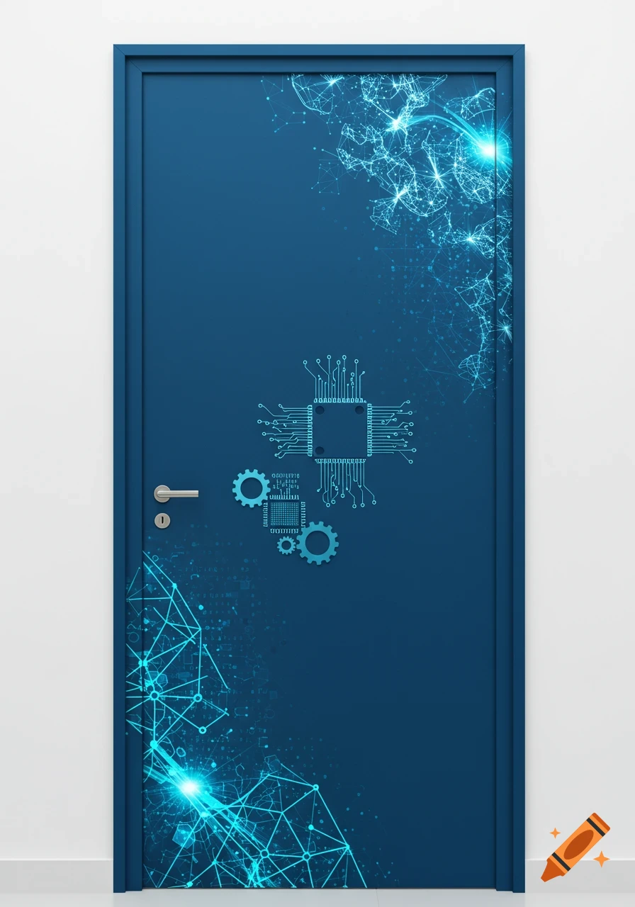 A blue door decorated with glowing light blue circuit board, gears, and network patterns.