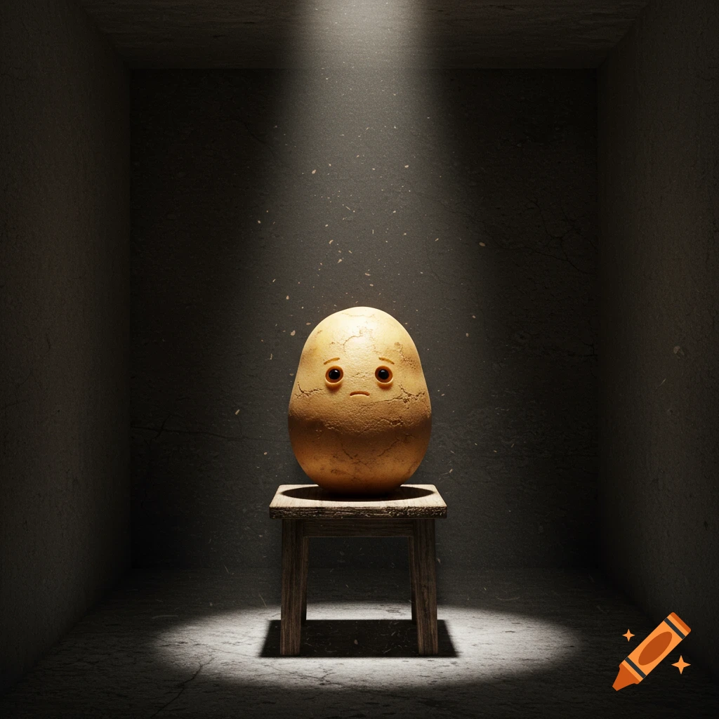 A sad anthropomorphic potato sits on a wooden stool under a spotlight in a dark, bare room.