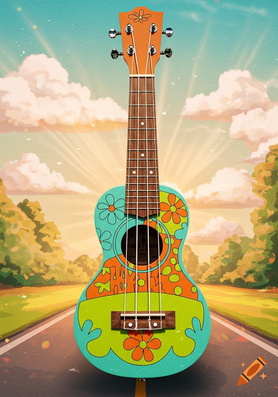 A colorful ukulele with a Scooby-Doo Mystery Machine inspired design, featuring flowers and patterns, sits on a road with trees and a sunrise background.