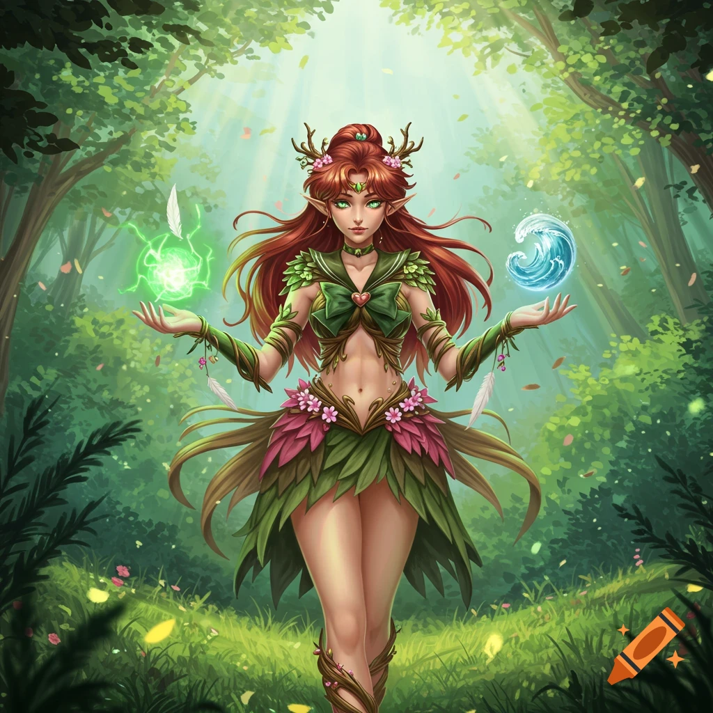 A fantasy elf-like woman with red hair and a leaf dress holds green magic and a water wave in a sunlit forest.