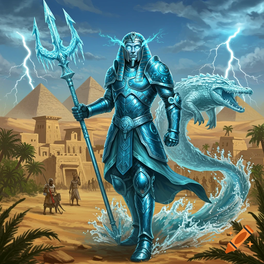 Blue-armored Egyptian knight with icy trident, water crocodile spirit, and lightning in a desert with pyramids.