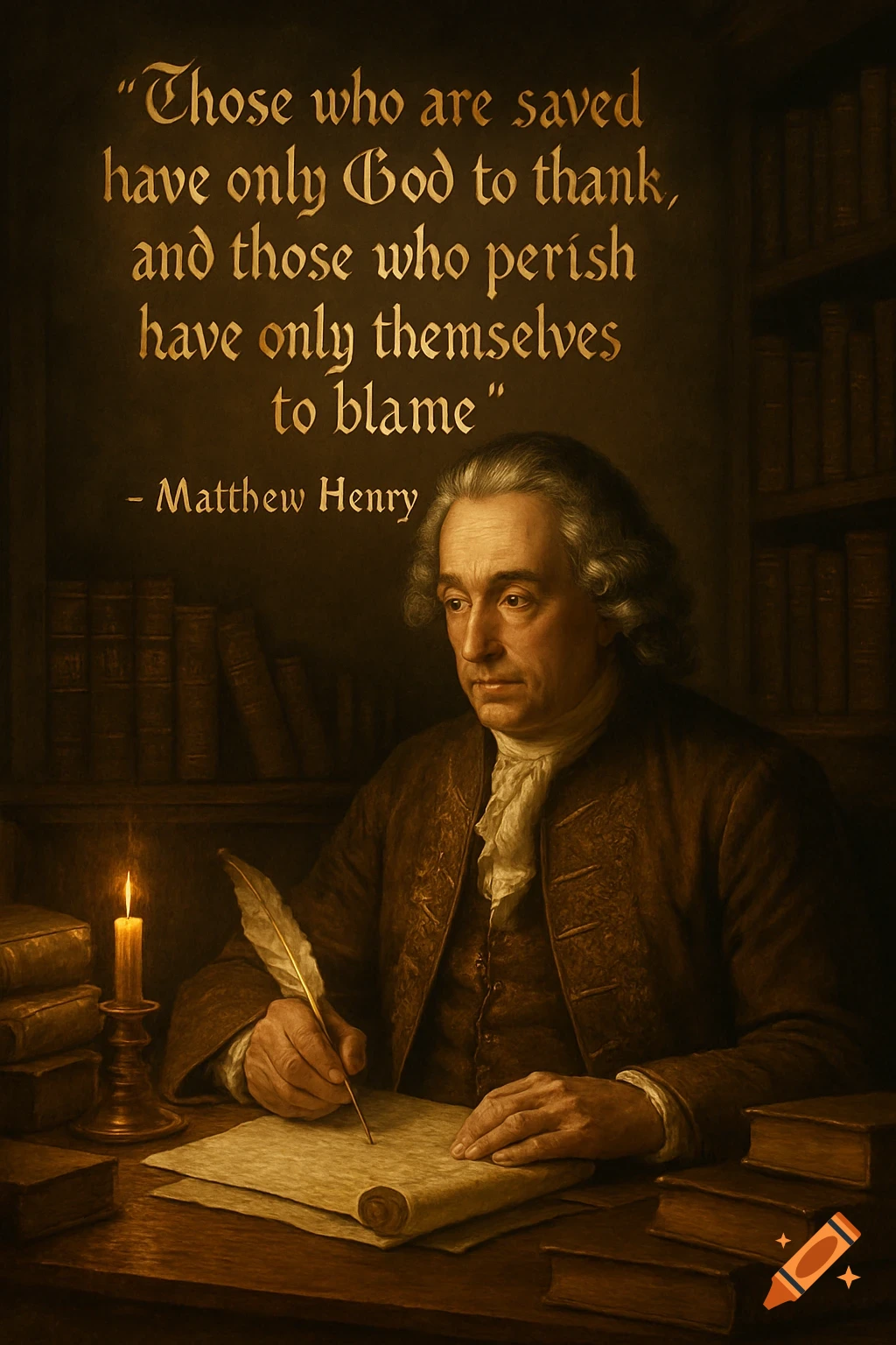 Classical portrait of Matthew Henry writing at a desk by candlelight in a library, with a quote displayed above.