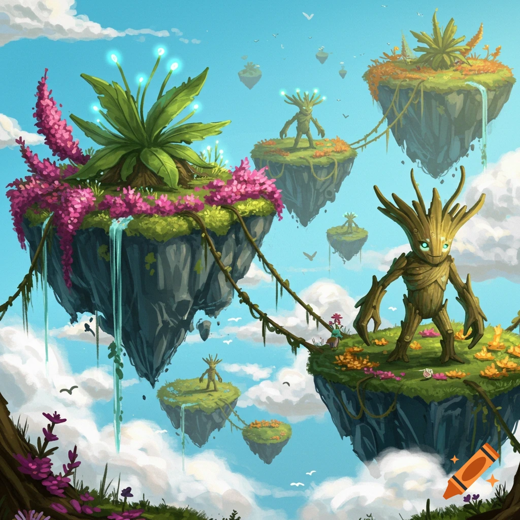 Vibrant fantasy landscape with floating islands, glowing plant creatures, waterfalls, and colorful flowers under a bright blue sky.