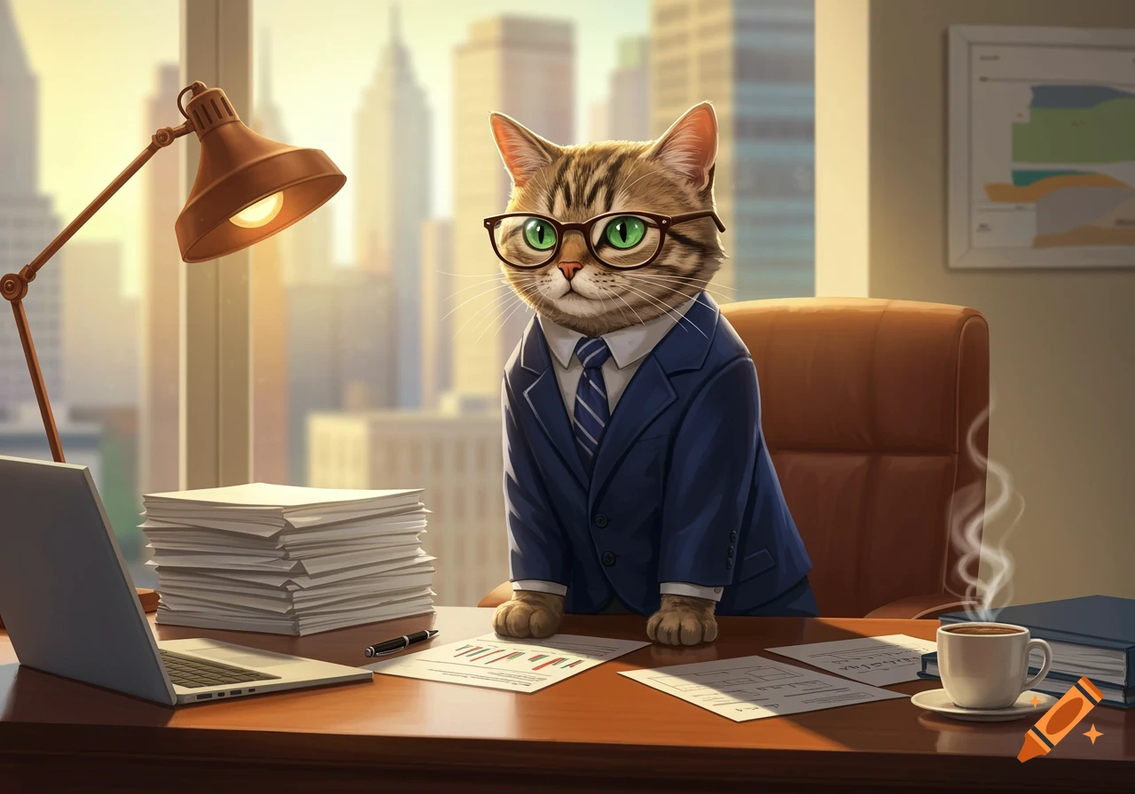 A tabby cat wearing a blue suit and glasses sits at an office desk with a laptop, papers, and a coffee cup, with city skyscrapers visible outside a large window.