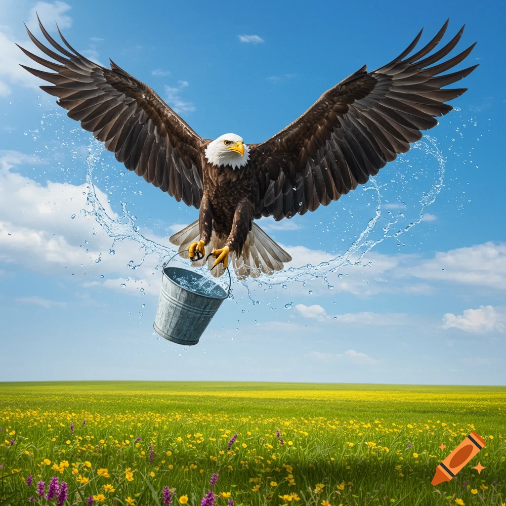 A photorealistic eagle with outstretched wings flies over a vibrant green and yellow field, carrying a metal bucket from which water splashes.