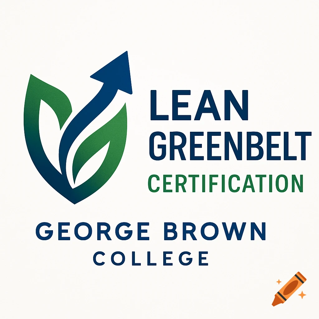 A logo for Lean Greenbelt Certification by George Brown College, with a green and blue leaf and arrow emblem.