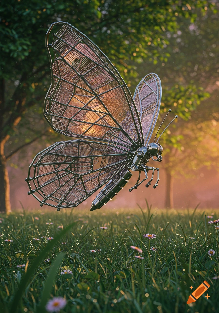 A photorealistic robot butterfly with metallic mesh wings hovers above dewy grass in a field at sunset.