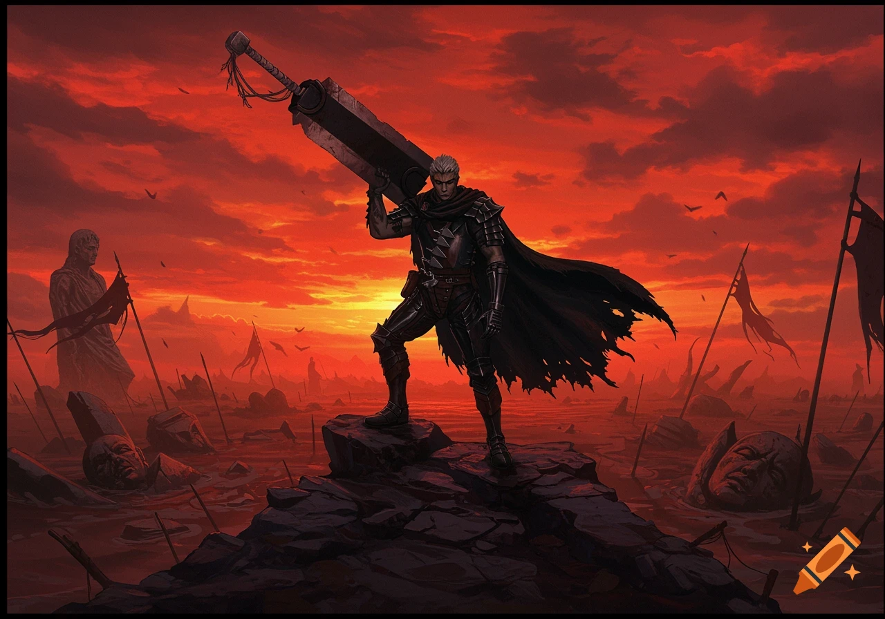 Heavily armored warrior with a giant sword stands on rocks in a blood-red, desolate landscape with submerged heads and a statue, digital illustration.