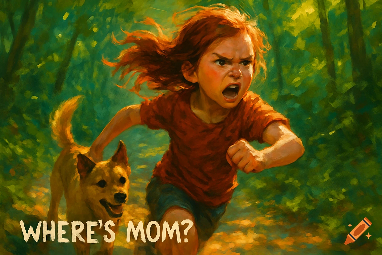 A determined ginger-haired girl and a dog run through a green forest, painted in a vibrant, expressive style. Text reads WHERE'S MOM?