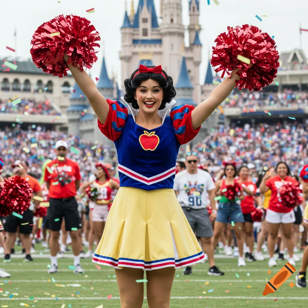 A smiling performer dressed as Snow White in a cheerleader uniform holds red pom-poms high on a football field with a castle and crowd in the background.