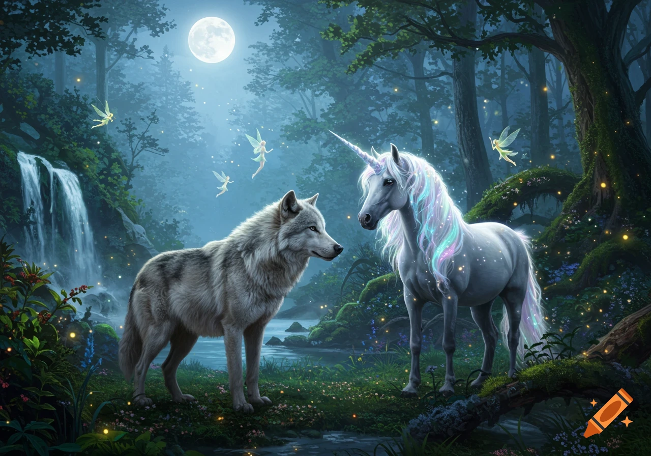 A wolf and a unicorn stand facing each other in a moonlit, magical forest with a waterfall and flying fairies. Digital painting style.