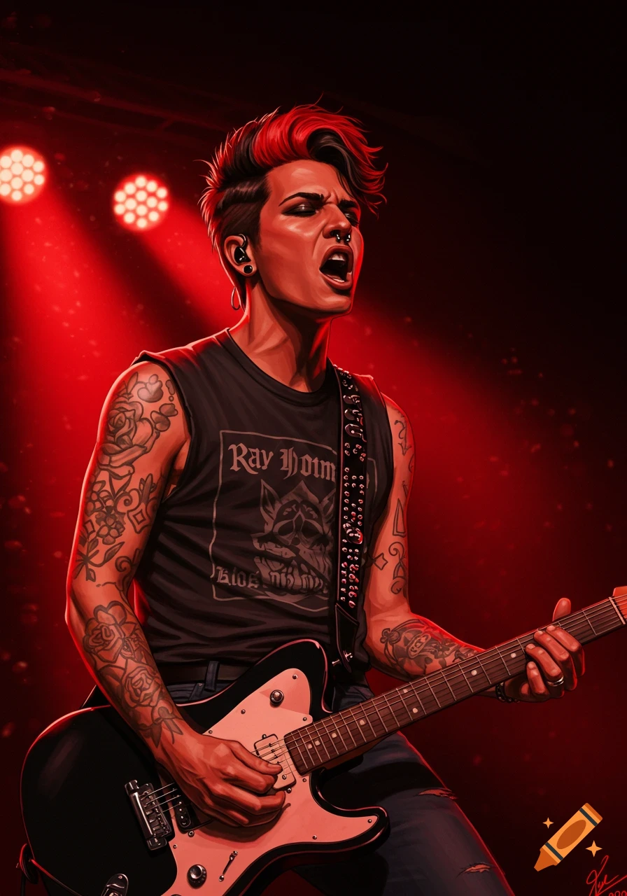 A person with red and black hair, septum piercing, and tattoos sings and plays electric guitar on stage under red lights in a digital art style.