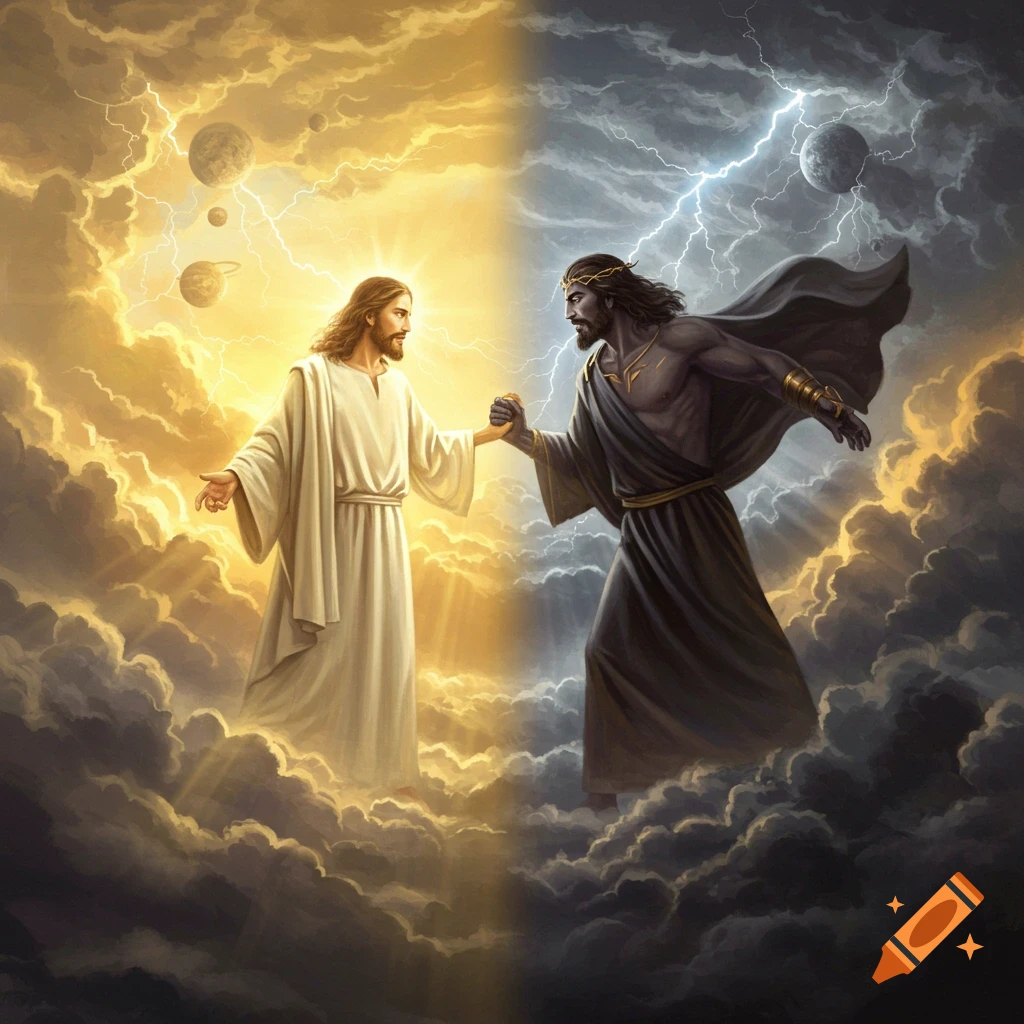 An epic illustration of Jesus and a dark, demonic figure shaking hands amidst a divided sky.