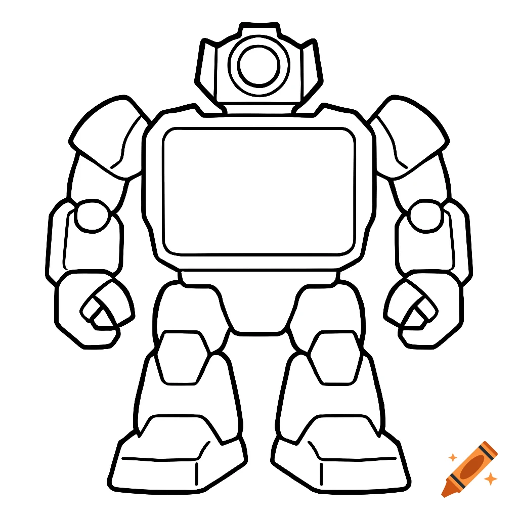 An outline drawing of a blocky robot with a blank rectangular screen on its chest.