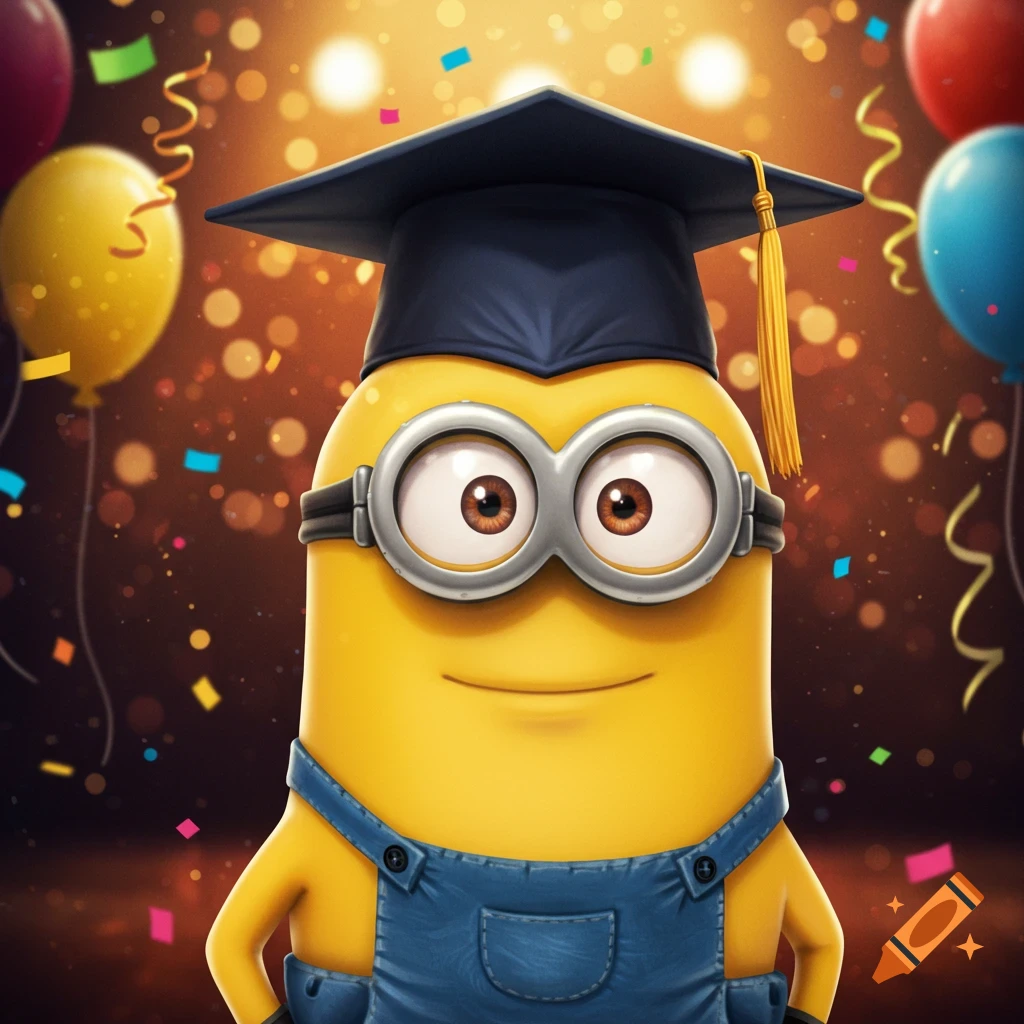 A Minion cartoon character wearing a graduation cap, surrounded by colorful balloons and falling confetti.