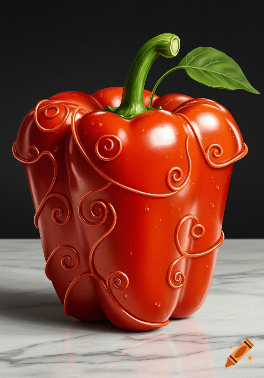 A photorealistic red bell pepper adorned with intricate copper-colored swirling designs, resting on a marble surface.