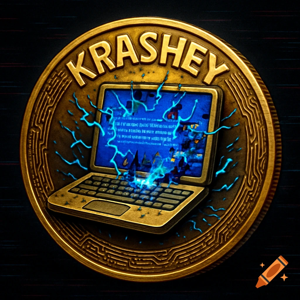 A gold coin with 'KRASHEY' at the top, featuring a blue-screened laptop with digital glitches and electric sparks in the center.