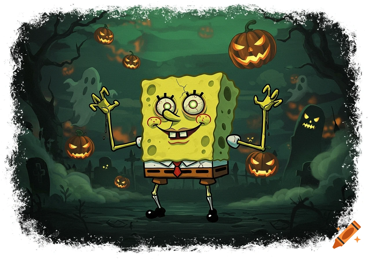 Zombie-like Spongebob with glowing eyes and skeleton legs, in a Halloween graveyard with jack-o-lanterns and ghosts. Gritty cartoon style.