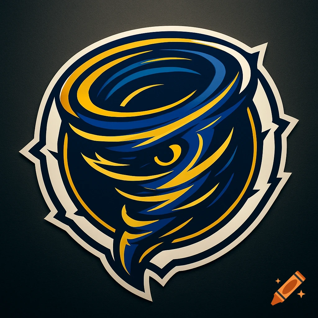A stylized blue and yellow tornado logo with a white outline on a dark background.