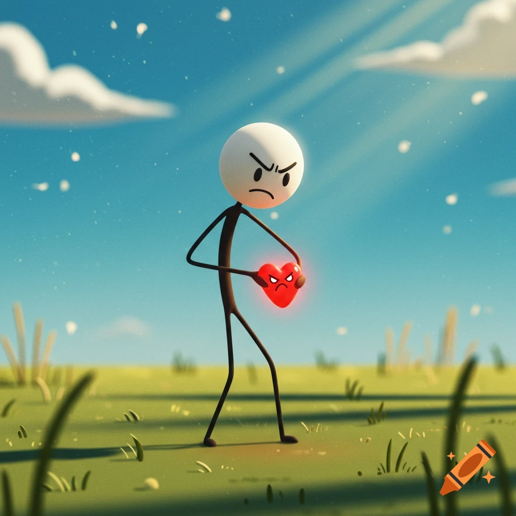 A stylized stick figure with an angry expression holds a glowing, angry-faced red heart in a sunny grassy field.