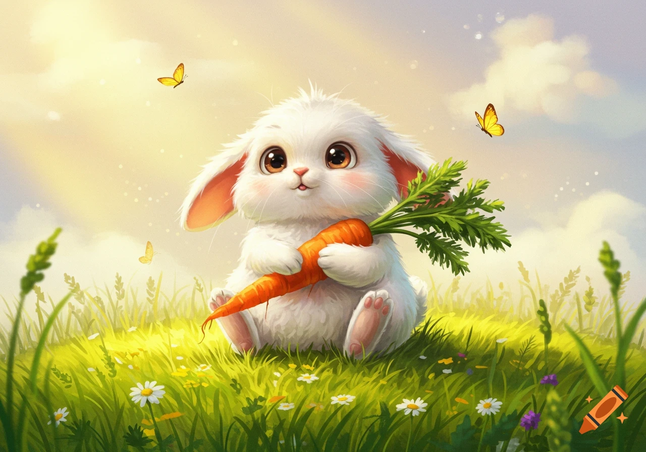 A fluffy white cartoon bunny sits in a green field, holding a large orange carrot. Butterflies flutter around under a sunny sky.